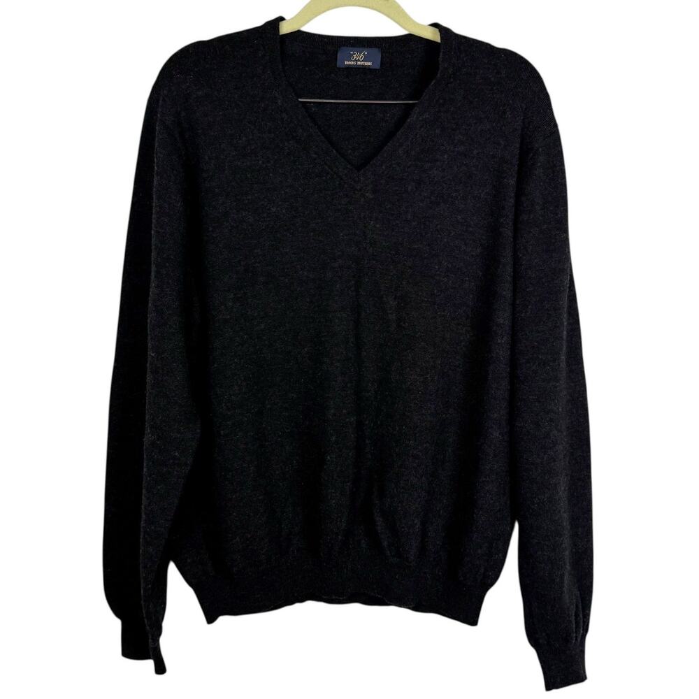 Brooks Brothers 346 Black Stretch Merino Wool Classic V Neck‎ Knit Sweater Large